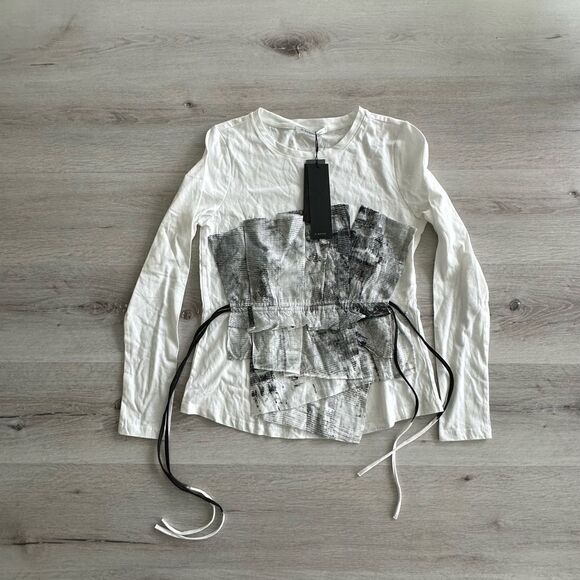 S-DEER Irregular Mesh Panel‎ Waist Commuter Top White/Black M NWT - Picture 2 of 3